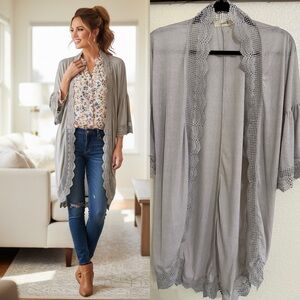 Spadehill Lace Duster Cardigan Boho Sheer Open Front Ivory Layering Top M